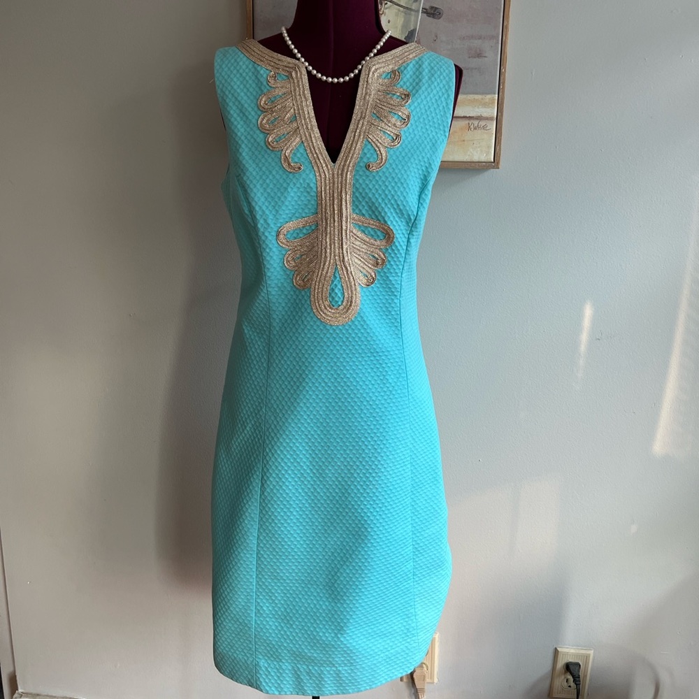 Lilly Pulitzer sea glass cotton Janice shift w/gold soutache trim